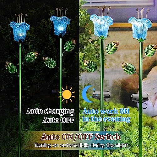 Garden Solar Stake Lights Outdoor, 2 Pack Solar Powered Metal Stake Lights with Blue Bell Glass Lily LED Decorative Garden Lights for Walkway,Pathway,Lawn, Courtyard