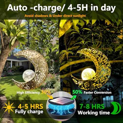 Solar Garden Hanging Moon Lights Outdoor Decor,Metal Lanterns Art Decorations for Outside Yard Lawn Patio Wall Fences Driveway Trail,Unique Housewarming Gardening Gifts for Women Mom - size: 1 PACK Moon