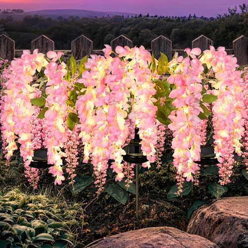 GIGALUMI Solar Lights Outdoor for Garden Decor, 3 Pack Solar Flower Lights Waterproof, 2 Lighting Modes Wisteria for Pathway,Yard, Patio Decoration, Gardening Gifts for Women (Pink) - color: Pink