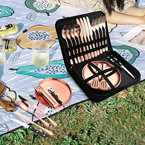 Picnic Tableware Set Camping Dinnerware Copper/Rose Gold Silverware and Plates Kit for 4 Portable Utensils Stainless Steel Dishes Spoons Forks Knives Bottle Opener Food Tongs - size: 20, style: Copper/Rose Gold Camping Flatware