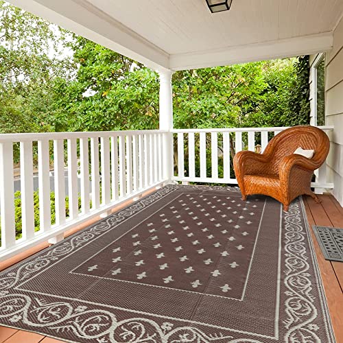 Pauwer Waterproof Outdoor Rug 6x9, Reversible Plastic Straw Patio Camping Rug, Indoor Outdoor RV Mat Carpet for Deck, Camper, Porch, Balcony, Backyard, Picnic, Bordered Brown - color: Bordered Brown, size: 6' x 9' (Rectangular)