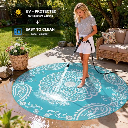 Pauwer Waterproof Outdoor Rug 8ft, Reversible Plastic Straw Patio Camping Rug, Indoor Outdoor RV Mat Carpet for Deck, Camper, Porch, Balcony, Backyard, Picnic, Boho Teal - color: Boho Teal, size: 8' (Round)