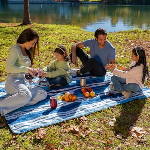 BRAWNTIDE Large Outdoor Waterproof Blanket - Extra Thick Fleece, Warm, Windproof, Sandproof, Quilted, 82" x 55", Ideal for Beaches, Picnics, Camping, Stadiums, Dogs, Car - color: Azure Blue