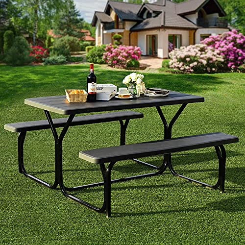 Hysache Picnic Table Bench Set, Patio All Weather Metal Base Camping Set w/Wood Texture Tabletop, Steel Frame, Large Tables for Backyard Poolside Garden Lawn (Black) (OP3499) - color: Black