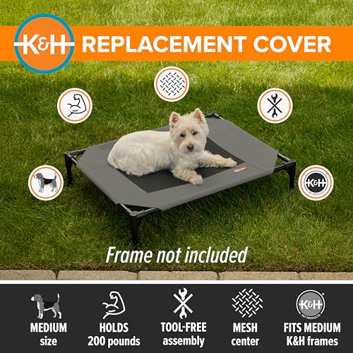 K&H Pet Products Dog Cot Replacement Cover, Designed to fit K&H Medium Pet Cots (Sold Separately), Indoor Outdoor, Breathable Cooling Mesh Center, Machine Washable - Medium 32 X 25in Gray - color: Gray/Black Mesh, size: Medium 32 X 25 Inches