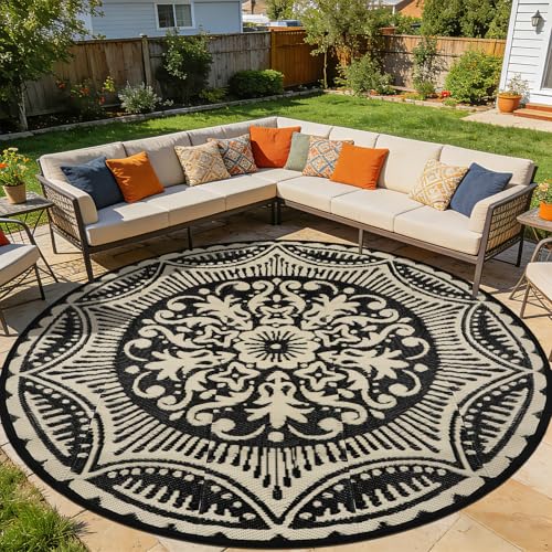 Capslpad 10x10 Floral Outdoor Rug for Patio Clearance Reversible Mat Round Portable Plastic Straw Carpet Waterproof Boho Indoor Outside Area Rugs for RV Camping Picnic Balcony Deck, Black and Brown - color: Black&brown, size: 10' (Round)