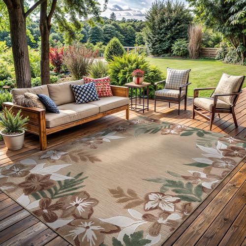 Outdoor Rug 6x9 Washable Area Rugs Indoor Outdoor Carpets Beige Border Floral Non Shedding Waterproof Easy Clean Patio Deck Porch Living Room Bedroom Garden RV (6 X 9 Beige) - color: 1-beige, size: 6' x 9' (Rectangular)