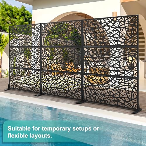 Modern Metal Privacy Screen, Patio Outdoor Privacy Panels with Stand, Freestanding Outdoor Divider for Yard, Deck＆Garden(71.3"*47.3"*15.7") - color: Black,Leaf Vein