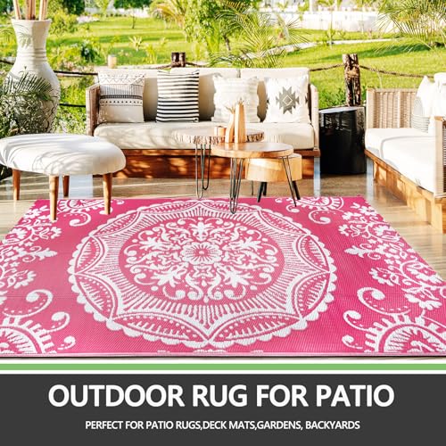Capslpad 5x8 Outdoor Rug Waterproof Pink Boho Floral Patio Carpet Portable Plastic Straw Rug Foldable Outside Carpet with Carry Bag for RV Backyard Balcony Bench Picnic Porch - color: Pink, size: 5' x 8' (Rectangular)