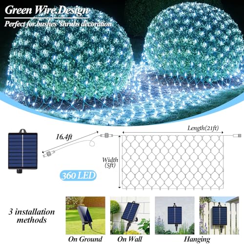 21ft x 5ft Solar Net Lights, 360LED Christmas Net Lights Solar & USB Powered, Waterproof Mesh String Lights 8 Modes Green Wire for Bushes Patio Garden Xmas Holiday Party Outdoor Decor (Cool White) - color: Cool White, size: 21ftx5ft (Green Wire)