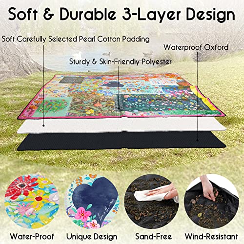Picnic Blankets Waterproof Foldable Extra Large, 80"x 80" Outdoor Beach Blanket Waterproof Sandproof, 3-Layer Lightweight Handy Mat Tote Picnic Camping Rugs for Outside Your Rv - color: Flower1, size: 6'8" x 6'8" (Rectangular)