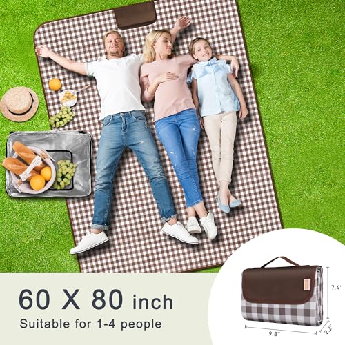 SAMSIER Outdoor Picnic Blankets Waterproof Foldable Sandproof, Large Gingham Cute Picnic Mat Washable Portable for Park Beach Camping Courtyard (Brown, 60"×80") - color: Brown, size: 5' x 6'8" (Rectangular)
