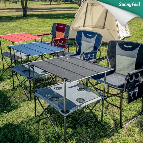 SUNNYFEEL Folding Camping Table- Collapsible Portable Beach Table with 4 Cup Holders & Carry Bags, Tailgate Table for Outdoor Excursion Picnic Hiking Fishing Travel Parties, Blue