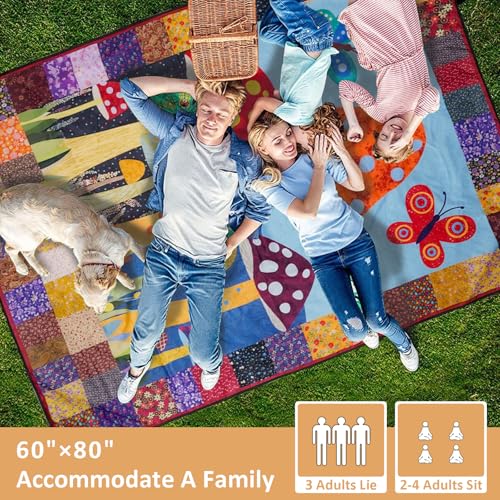Mushroom Picnic Blankets Waterproof Foldable Picnic Outdoor Blanket 80"x 60" Picnic Mat 3-Layer Thicking Outdoor Foldable Blankets Sandproof Lightweight Beach Blankets with Strap Machine Washable - color: Mushroom05, size: 60*80in
