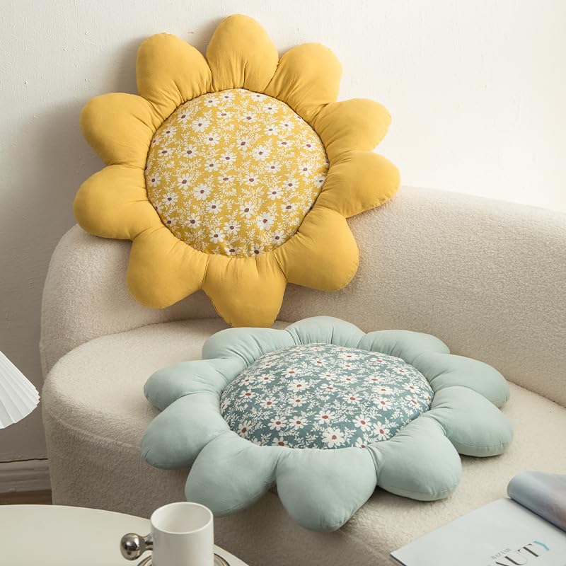 27.5" 3D handmade stitching sunflower shaped pillow flat round flower floor pillow pure cotton patio furniture cushion bedroom sofa bed decoration (Oval petals) - color: Oval Petals