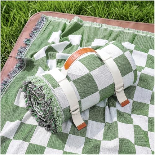 2 in 1 Extra Large Outdoor Picnic Mat Woven Summer Throw Blanket Boho Giant Beach Travel Essential Yoga Accessories Park Patio Lawn Garden Grass Ground Play Music Festival Concert Must Have - color: Checkered Green