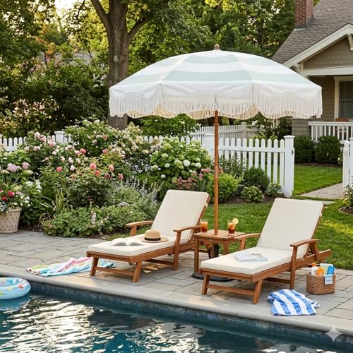 AMMSUN Boho Fringe Umbrella Outdoor Patio, 6.5ft UPF50+ Picnic Umbrella with Tassels with Steel Pole and Push Button Tilt, Vintage Green Stripe - color: Vintage Green Stripe