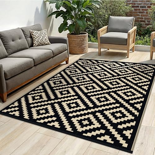 sarben Outdoor Rug for Patio - Waterproof Plastic Straw Camping Rugs 4x6 ft, Reversible Outdoor Indoor RV Mat Carpet for Patio, Porch, Deck, Balcony, Picnic, Beach, Black Beige - color: Black&beige, size: 4' x 6' (Rectangular)