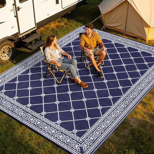 Outdoor Rug 10'x14' for Patios Waterproof Patio Rugs Outdoor Mats for Front Porch,Beach Mat,Reversible Plastic Straw Camping Rugs for Outside RV,Deck,Balcony,Backyard Navy Blue - color: Classic Blue, size: 10' x 14' (Rectangular)
