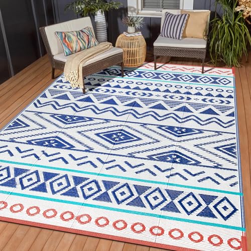 Outdoor Rugs Patio Camping Waterproof - 6x9 Plastic Straw Patio Rug Portable for Campers, Outside RVs Mat, Outdoor Area Carpet for Patios Clearance, Backyard Porch, Balcony, Picnic - color: Blue Red, size: 6' x 9' (Rectangular)