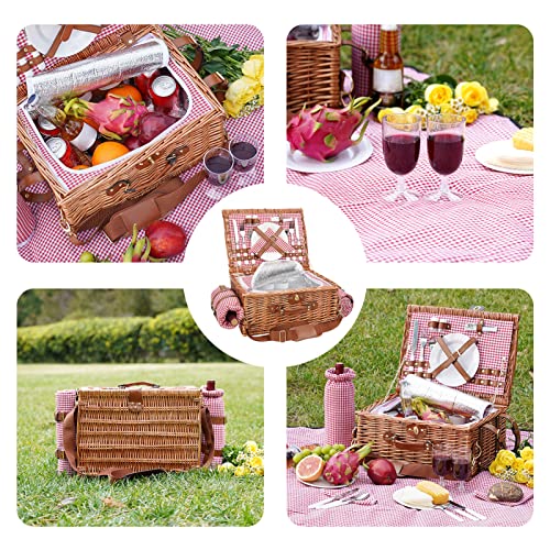 Picnic Basket for 2, Picnic Baskets with Waterproof Blanket, Picnic Hamper Set with Washable Beach Mat & Large Insulated Cooler Compartment, Handmade Natural Wicker Hamper for Camping, Outdoor Party - style: RedCheck-2P
