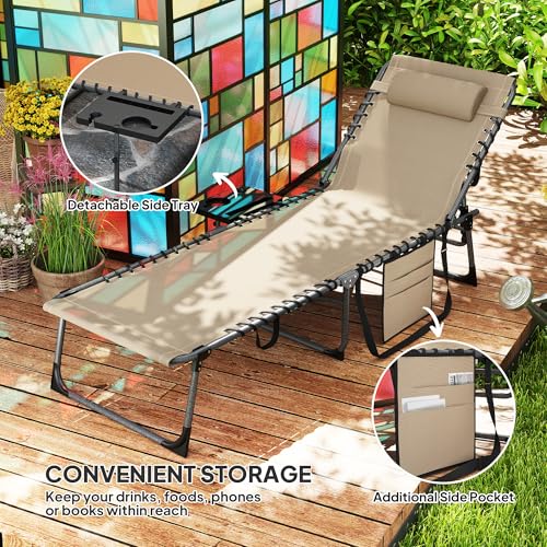 Outsunny Folding Chaise Lounge Chair Outdoor Tanning Chair with Side Table, 5-Level Adjustable Beach Lounge Chair with Headrest, Side Pocket for Patio, Backyard, Beach, Poolside, Beige - color: Beige