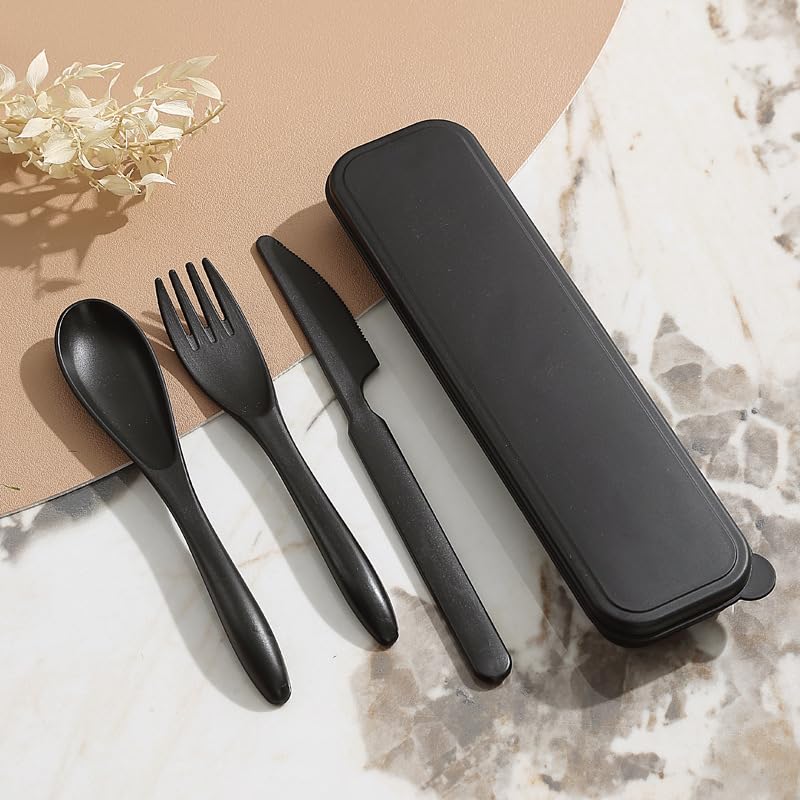 Reusable Travel Utensils Set with Case, Portable Wheat Straw Cutlery (Knife Fork Spoon), Compact To-Go Flatware for Lunch Travel Picnic,Black - color: Black