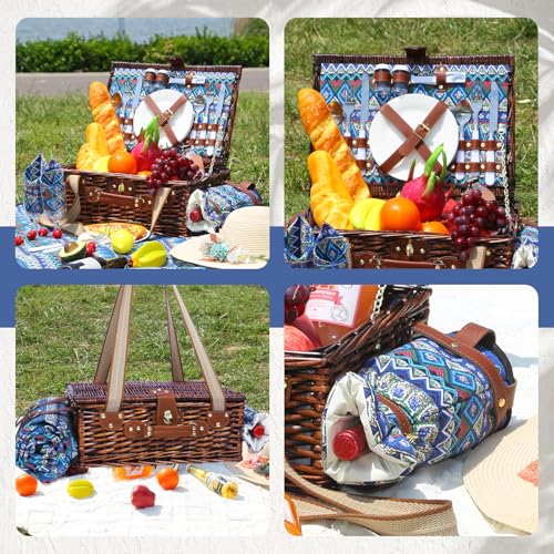 Neti Neti Wicker Picnic Basket for 2 Boho with Insulated Cooler & Waterproof Blanket – Large Willow Picnic Hamper for Outdoor, Camping, Beach, Romantic Dates, Valentine’s Day - color: Boho 2
