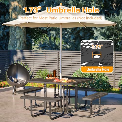 46" Square Metal Picnic Tables for Outdoors with Umbrella Hole - Coated Steel Heavy Duty Commercial Grade Table with Seats, Patio Furniture Set for a Lifetime, Black - color: Black-square