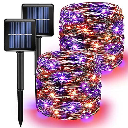 Purple and Orange Solar Halloween Lights Outdoor, Total 80 FT 240 LED Solar Powered Waterproof Fairy Lights 8 Modes Copper Black Wire Lights for Halloween Party Tree Wedding Yard Decorations, 2 Pack - color: Purple & Orange, size: 2 Pack