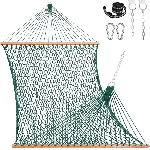 Lazy Daze Hammocks 12FT Double Rope Hammocks, 2 Person Hand Woven Cotton Hammock with Spreader Bar for Outside, Patio, Poolside, FIT 13-15 FT Stand, Max 450 Lbs, Green, 141 x 57 inches - color: Green