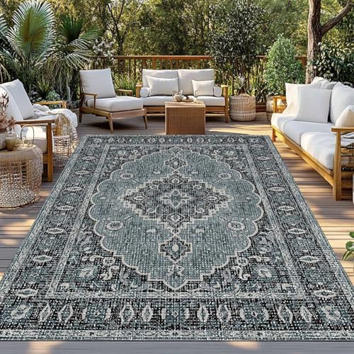 Outdoor Rug 6x9ft, Boho Traditional Flower Indoor Area Rug for Patio Backyard Deck Large Floor Mat, Retro Tribal Ethnic Abstract Style Non-Slip Outside Carpet Balcony Porch Camping Rugs Picnic Mat - color: Cadetblue, size: 6' x 9' (Rectangular)