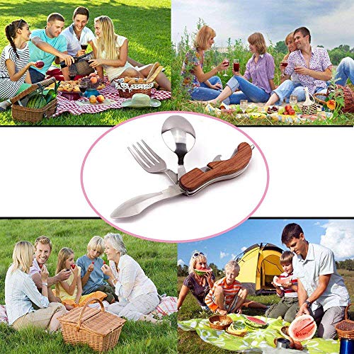 4-in-1 Camping Tableware Utensils, Portable & Detachable Stainless Steel Spoon Fork Knife & Bottle Opener Combo Set - Travel, Backpacking Cutlery Multitool