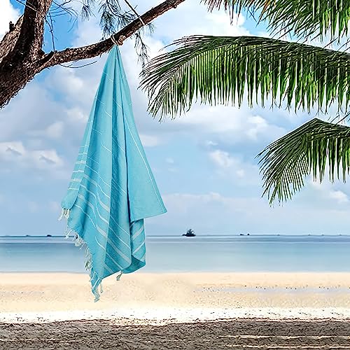 HILLFAIR Cotton Turkish Beach Towels, Quick Dry Lightweight Sand Free Peshtemal Towel for Bath Swim Yoga Pool Travel, Beach Accessories, Oversized Cotton Turkish Towels (39 x 72 inch- 4 Pack Sky) - color: Sky, size: 39 x 72 inch ( Beach towel - 4 PACK )