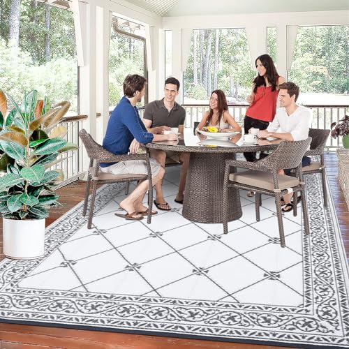 Outdoor Rugs 8'x10' for Patios Waterproof RV Mats Camping Rug Outdoor Area Rug Lightweight Portable Outdoor Plastic Straw Rug for Patio, RV, Camping, Balcony, Beach - color: Classic Grey, size: 8' x 10'