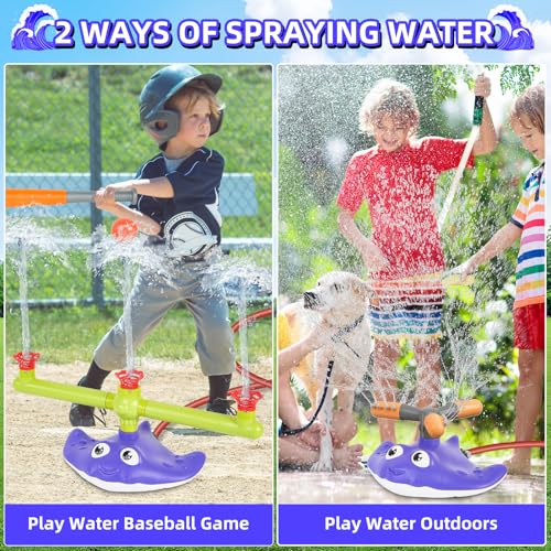 2-in-1 Water Sprinkler Baseball Toy Set for Kids, Summer Outdoor Water Game with 2 Sprinkler Heads, 360° Rotating Sprinkler for Backyard Summer Fun