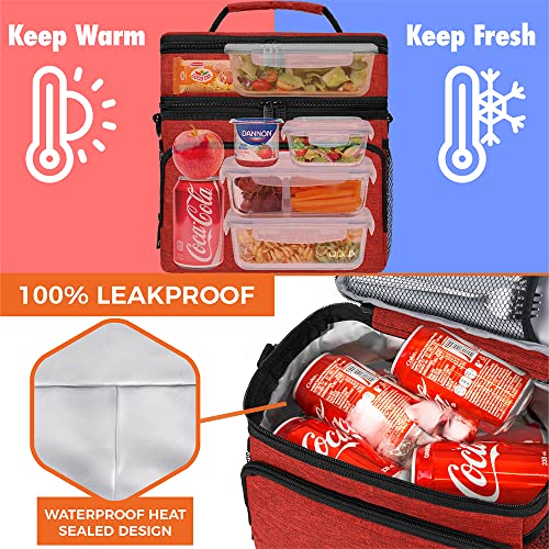 opux Insulated Lunch Bag for Men Women, Large Dual Compartment Cooler Bag, Soft Two Deck Lunch Box for Work School Picnic, Leakproof Lunch Tote with Shoulder Strap for Kid Adult (Red, Double Deck) - color: Heather Red, size: Double Deck