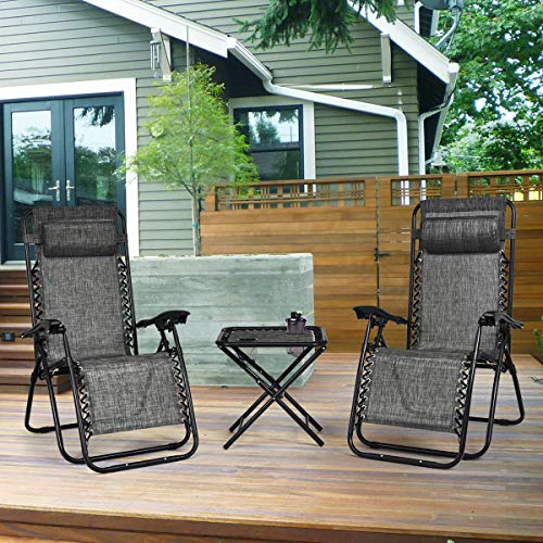 Giantex 3 PCS Zero Gravity Chair Patio Chaise Lounge Chairs Outdoor Yard Pool Recliner Folding Lounge Table Chair Set (Gray) - color: Grey