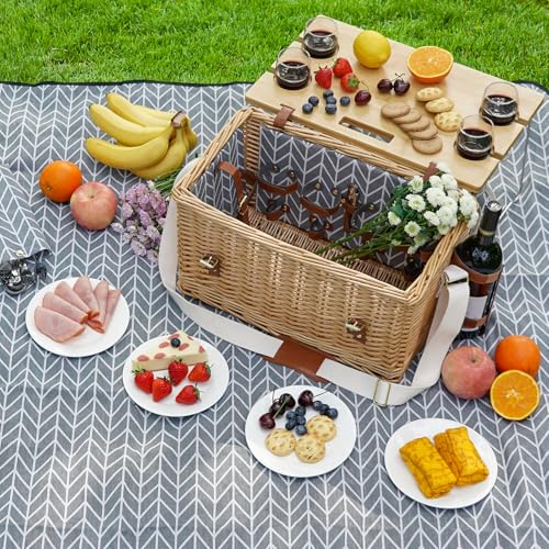 WILLOW WEAVE Luxury Picnic Basket, Wicker Picnic Basket Set for 4, Picnic Basket with Blanket & Portable Table for Camping and Outdoor Party - Gray - size: L for 4P-BlueLeaf
