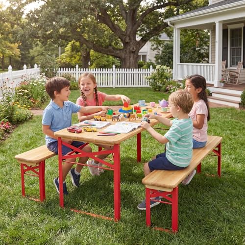 Costzon Kids Picnic Table, 43.5 Inch Folding Picnic Table with 2 Benches, Fir Wood Top & Metal Frame, No Assembly 3-Piece Portable Kids Indoor/Outdoor Furniture for Patio Backyard Daycare (Red) - color: Red