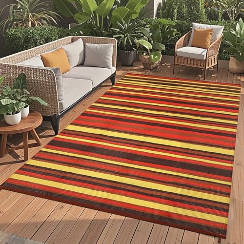 GarveeHome 9x12 Outdoor Rug Modern Geometric Reversible Plastic Straw Outdoor Large Rugs Colorful Striped Lines Outside Decor Carpet Waterproof Portable for Balcony Camping Picnic, Red Orange Yellow - color: Geometric Stripes| Red Orange Yellow, size: 9'