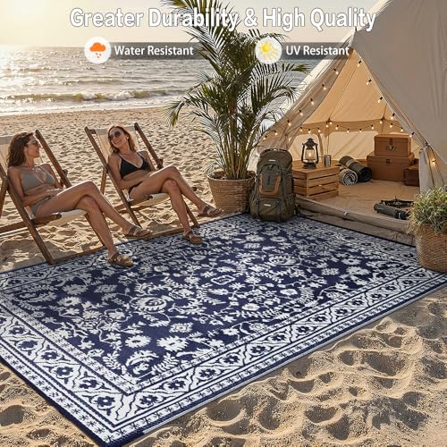 PureCozy Outdoor Waterproof 6x9 Plastic Straw Patio Rug Navy Blue Reversible for Outside Vintage Oriental Carpet Lightweight Large Rug for RV Deck Beach Balcony Picnic Backyard Entry Porch - color: Navy Blue, size: 6' x 9' (Rectangular)