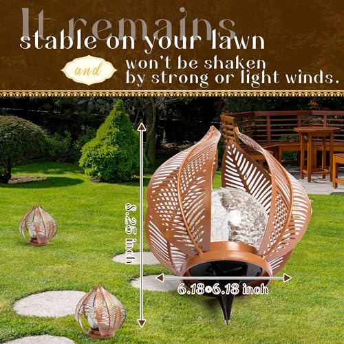 HPC Decor Solar Lights Outdoor Garden, Crackle Globe Glass,Metal Palm Leaf Solar Lights for Outside, Pathway Lights Waterproof LED Outdoor for Patio,Yard,Porch Decor,Gardening Gifts for Women/Mom. - color: Brown
