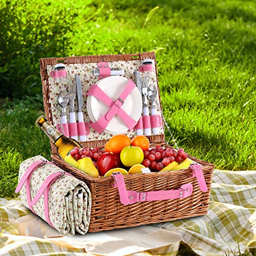 Wicker Picnic Basket for 4 with Waterproof Picnic Blanket and Insulated Cooler, Willow Hamper for Camping, Outdoors, Photoshoot, or a Birthday, Valentine’s Day, Wedding Gift, Pink - color: Pink Flower
