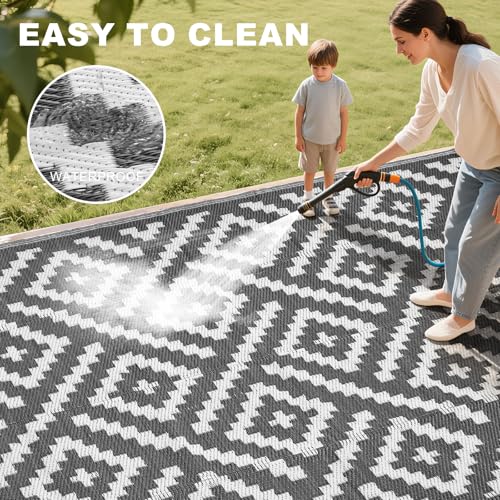 RURALITY Outdoor Rugs 9x12 Feet for Patios Clearance,Plastic Straw Waterproof Mats for Backyard,Porch,Deck,Balcony,Grey&White - color: Cross-grey&white, size: 9' x 12' (Rectangular)