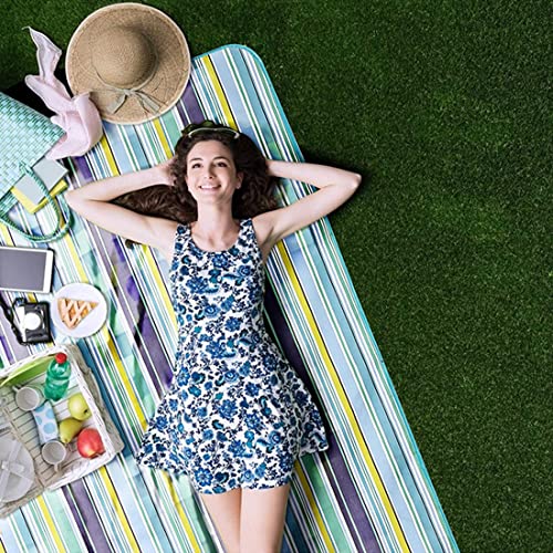 K Y KANGYUN Beach Blanket Outdoor Picnic Blankets Mat 80"x60" Extra Large Waterproof Sand Proof Camping Blanket Lightweight Folding Portable Travel Blanket for Family Park Beach Grass (Blue Line) - color: Blue Line