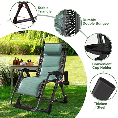 NAIZEA Padded Zero Gravity Chair, Cooling Fabric Folding Outdoor Lounge Chairs, Adjustable Reclining Camping Chairs with Cup Holder, Ergonomic Patio Lawn Chair for Balcony Beach Deck Yard - color: Ice Silk Green, style: Zero Gravity Chair 2 Pack
