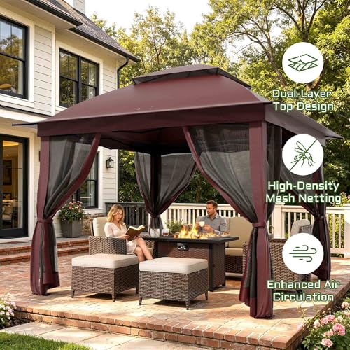 11'X11' Gazebo Pop Up with 4 Sidewalls Mosquito Netting, Heavy Duty Patio Gazebo Canopy Tent with Double Air Roofs for Backyards, Patios, Decks, Gardens, Parks - color: Red Top