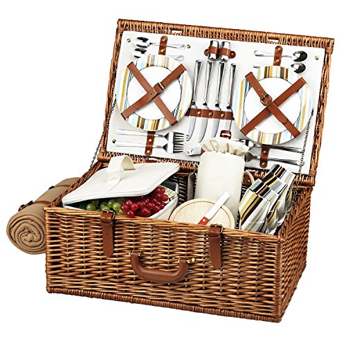 Picnic at Ascot Original Dorset English-Style Willow Picnic Basket with Service for 4 and Blanket- Designed, Assembled & Quality Approved in the USA - color: Wicker With Santa Cruz Plates/Napkins