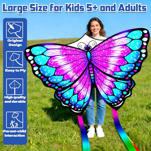 2 Pack Patriotic Eagle & Dragon & Butterfly Kite for Kids and Adults, Easy to Fly Huge Kites for Kids Ages 4-8 8-12 with 328FT String for Beach Park Easter Gift Outdoor Games and Activities - style: 2 Pack Butterfly Kites